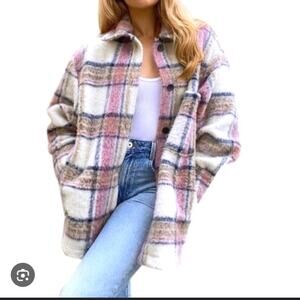 NWT Zara Plaid Cotton Fuzzy Oversized Shacket or Coat Size Medium Cozy Comfy